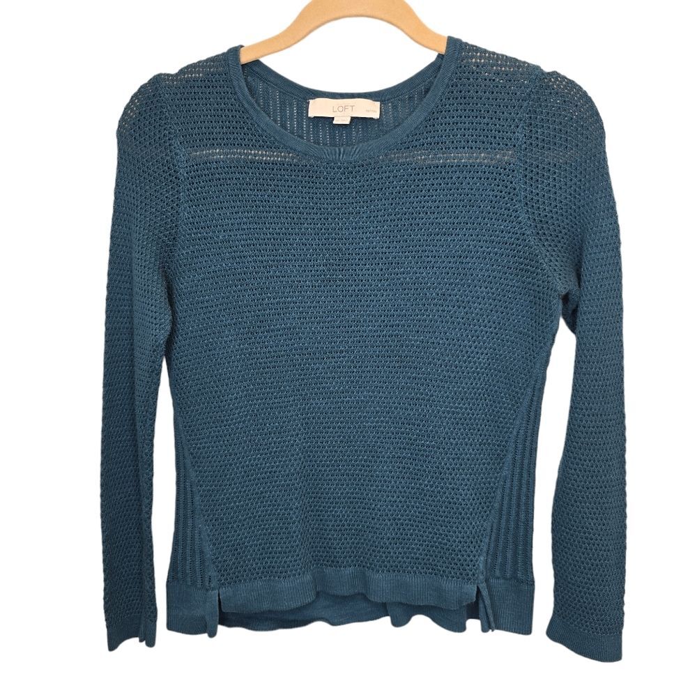 LOFT Women's Petite 100% Cotton Teal Blue Long Sleeve Crew Neck Tunic Sweater SP